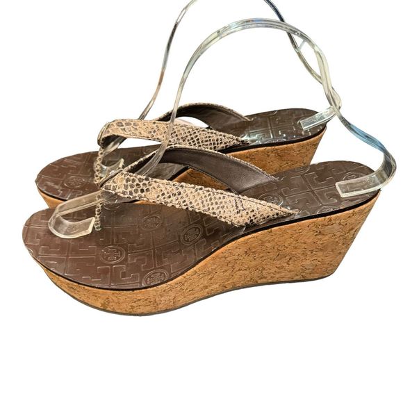 Tory Burch Thora Snakeskin Print Leather Cork Platform Wedge Flip Flops 9 M a14 - Picture 4 of 7